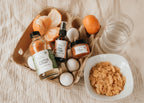 Assorted skincare products, eggs, and a bowl of cereal on a textured surface