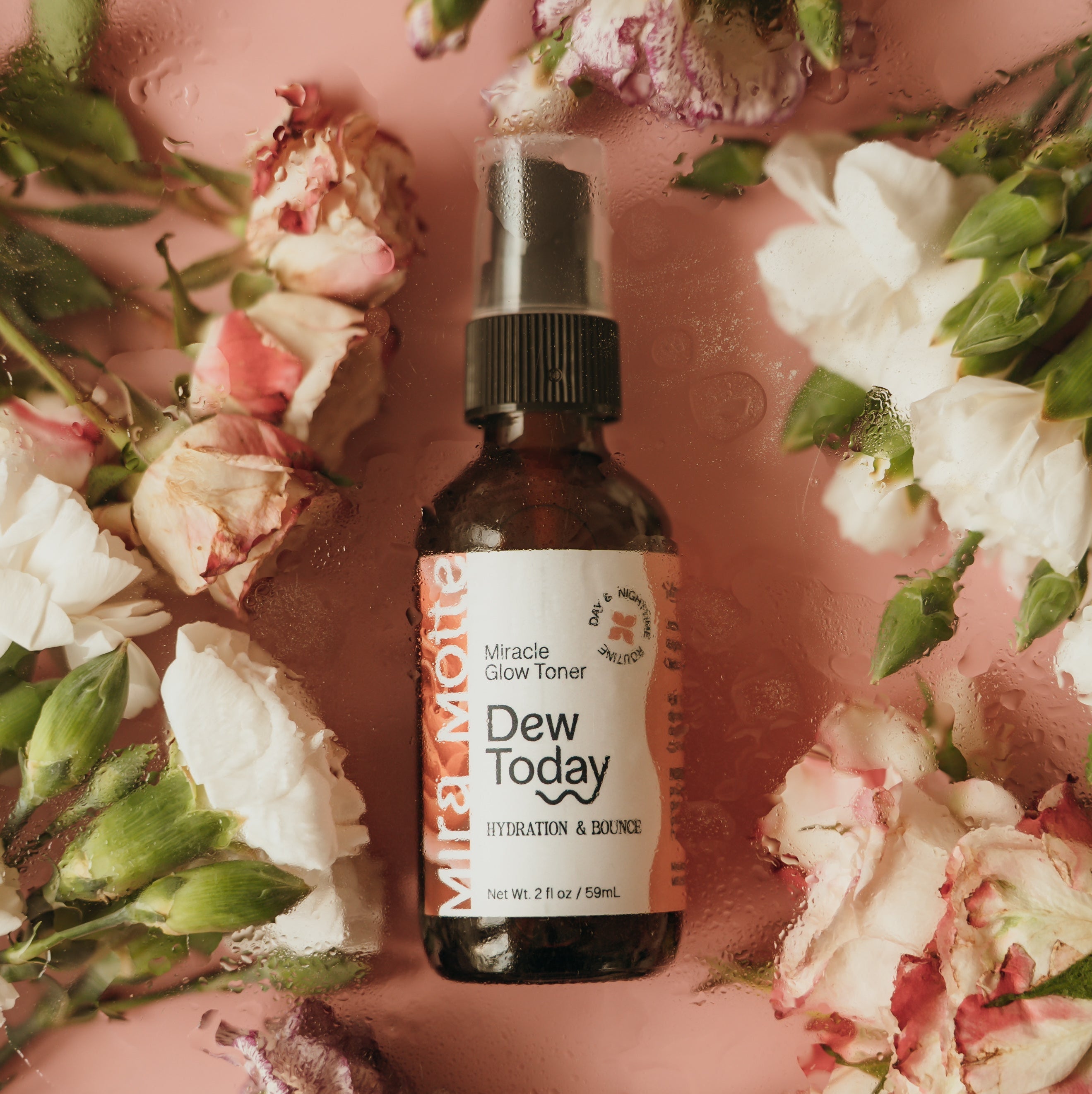 Bottle of 'Dew Today' Toner on a pink background with flowers