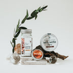 Mira Motte skincare products on a white surface with greenery