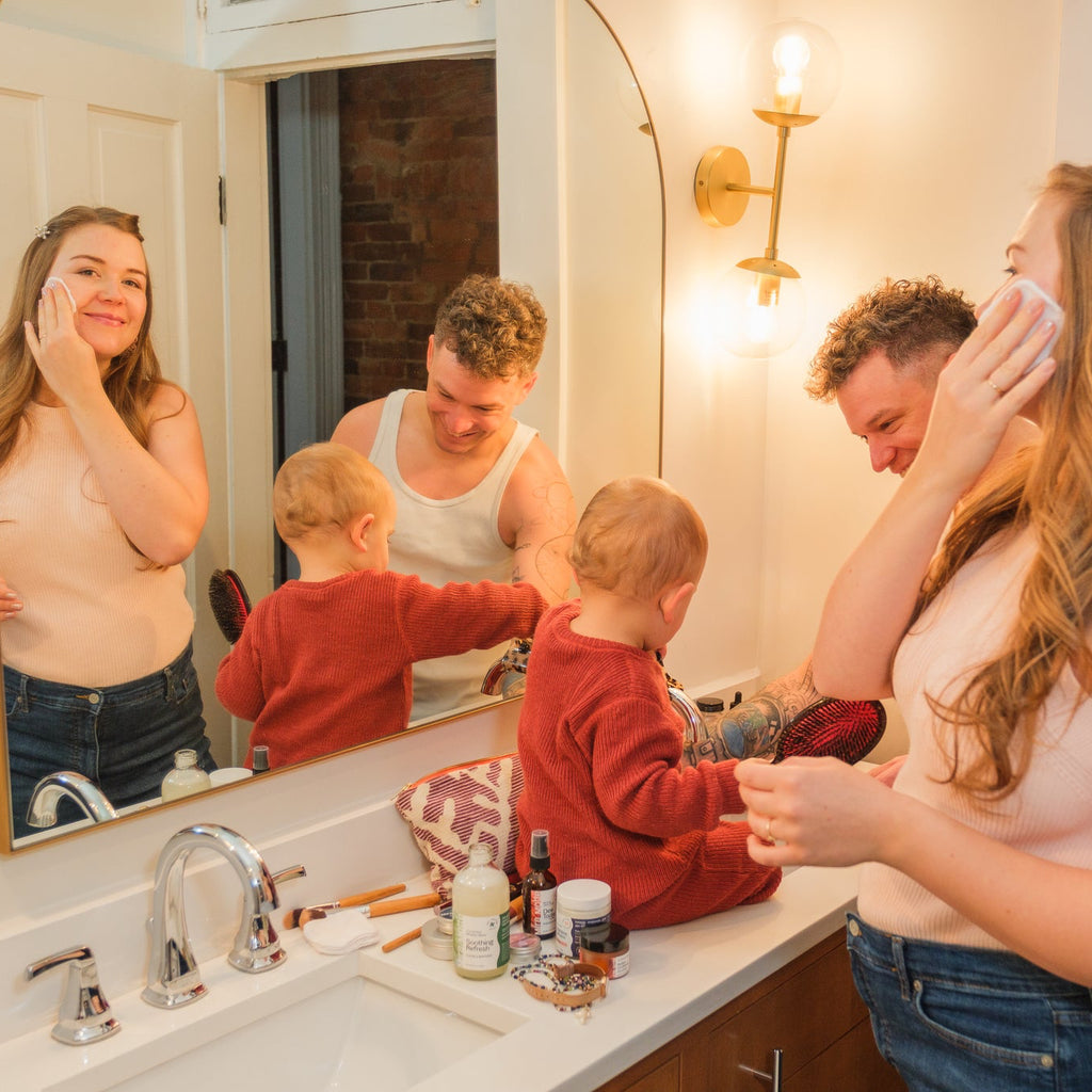 Family getting ready in the morning in bathroom