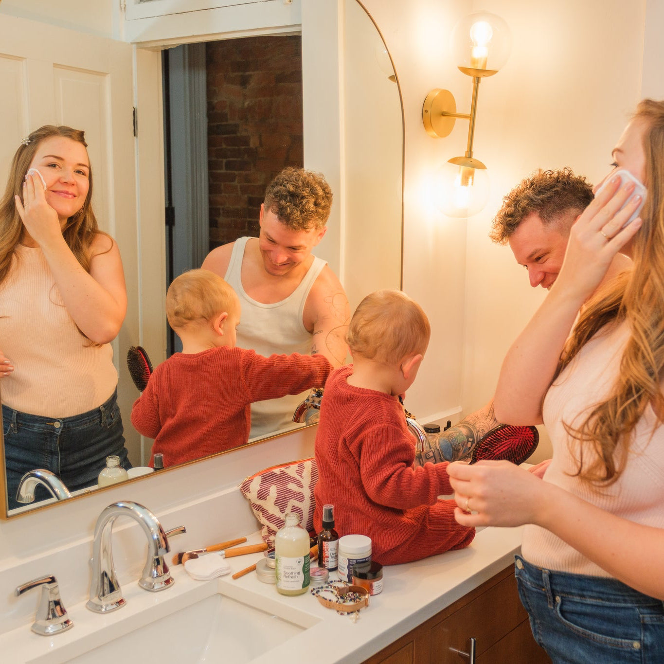 Family getting ready in the morning in bathroom